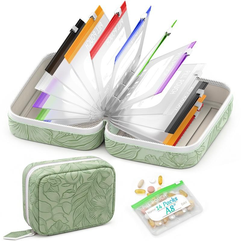 💊A8 Waterproof 14-Pouch Weekly Pill Organizer, Color-Coded Travel Storage for Vitamins & Supplements
