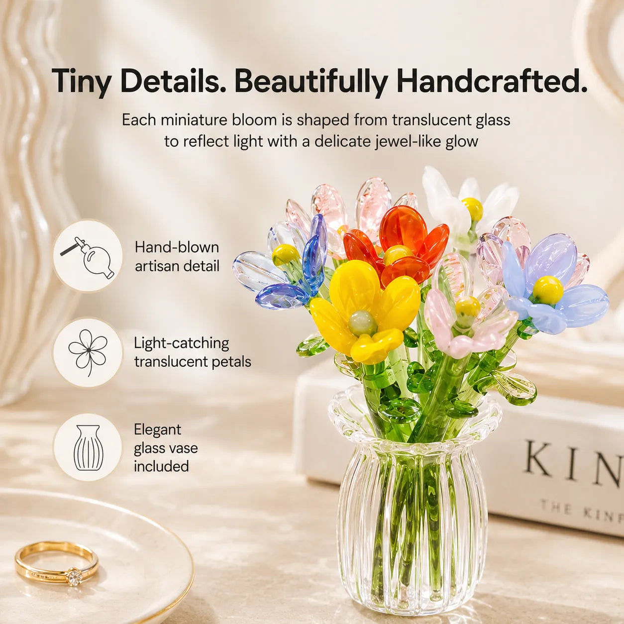🌹 Miniature Glass Flower Set – Elegant Handcrafted Eternal Bloom Decor