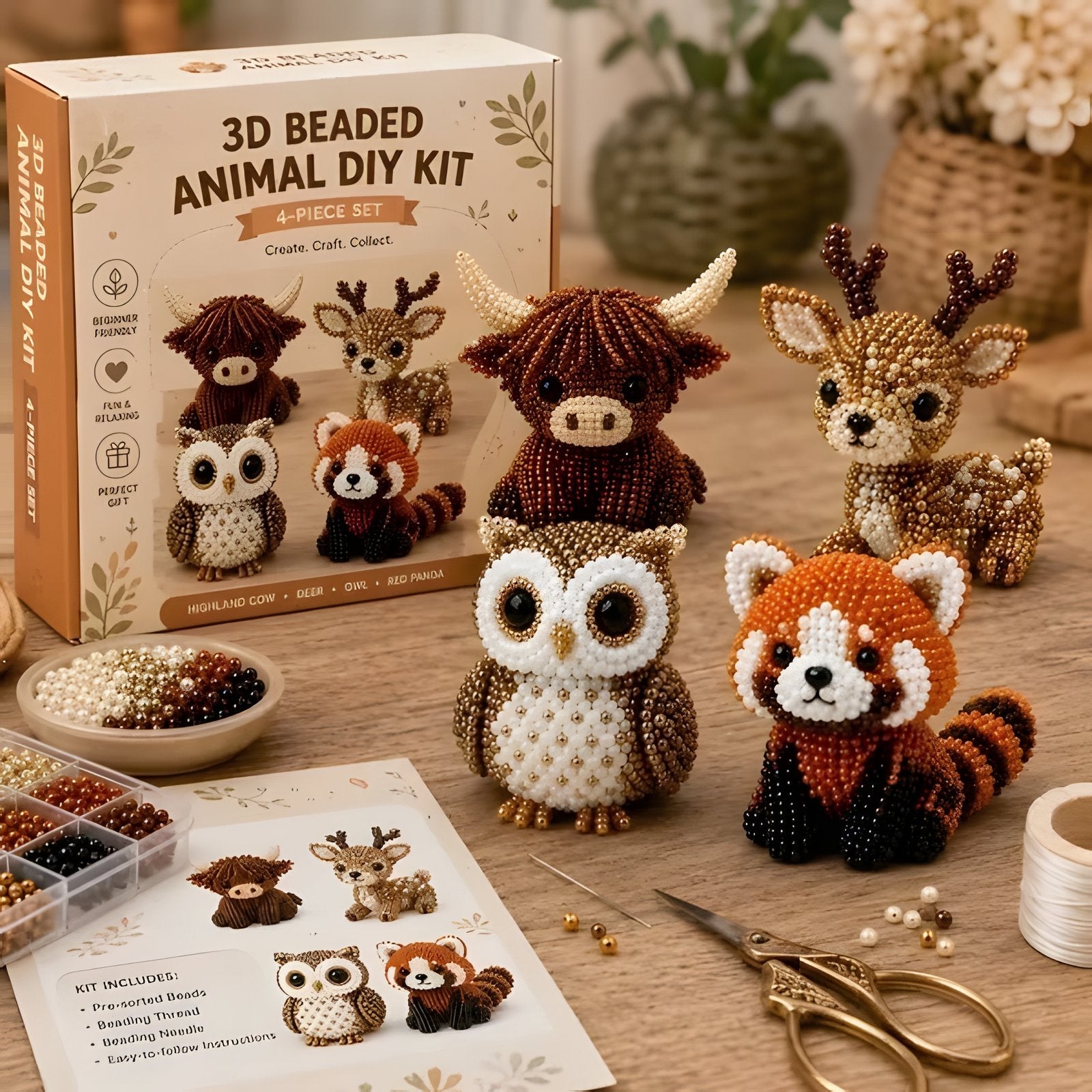 Forest Friends 3D beaded animal DIY kit with highland cow, deer, owl and red panda figures