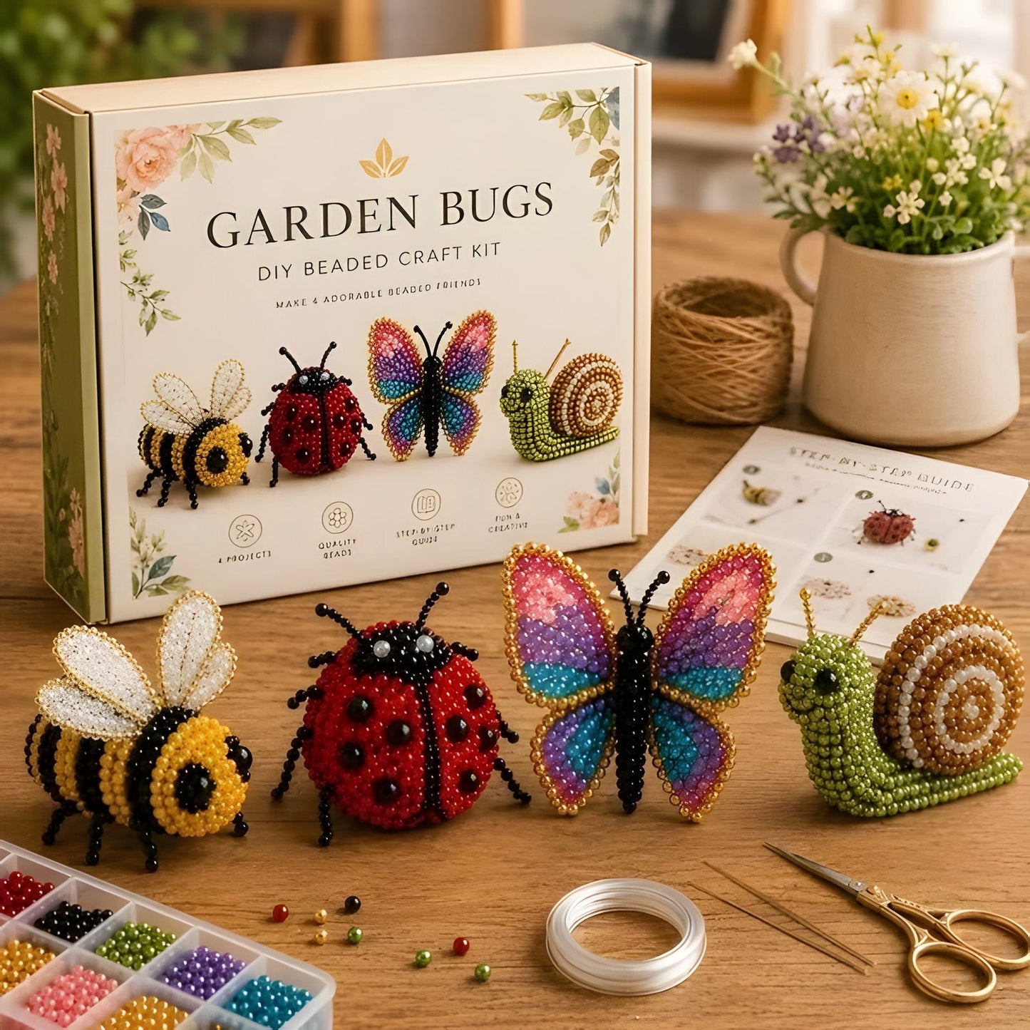 Garden Bug 3D beaded animal DIY kit with bee, ladybug, butterfly and snail figures