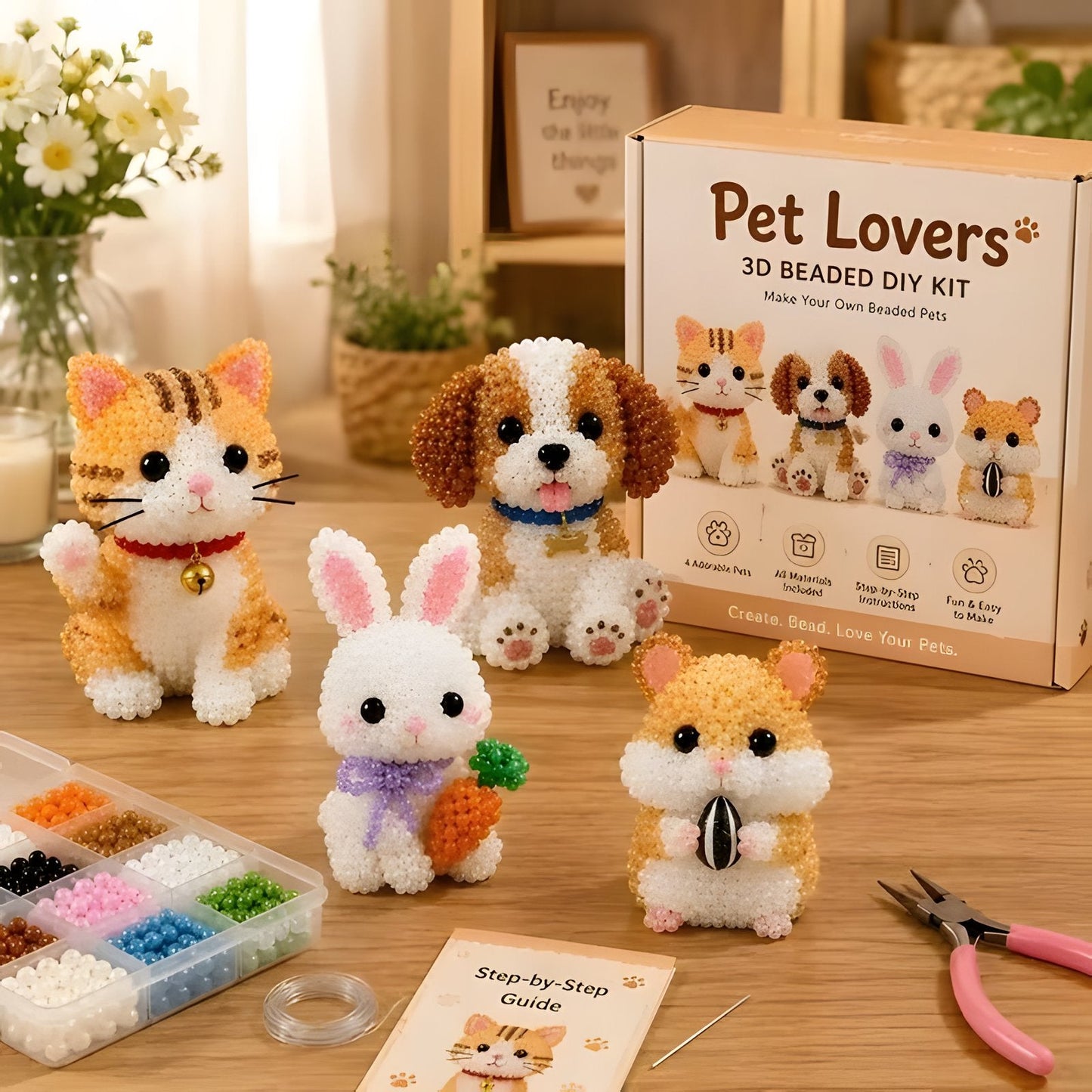 Pet Lovers 3D beaded animal DIY kit with cat, dog, rabbit and hamster figures