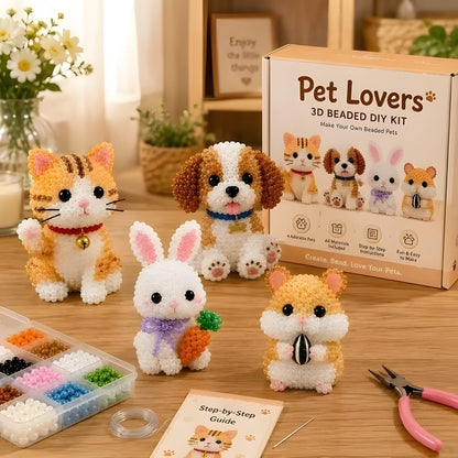 Pet Lovers 3D beaded animal DIY kit with cat, dog, rabbit and hamster figures
