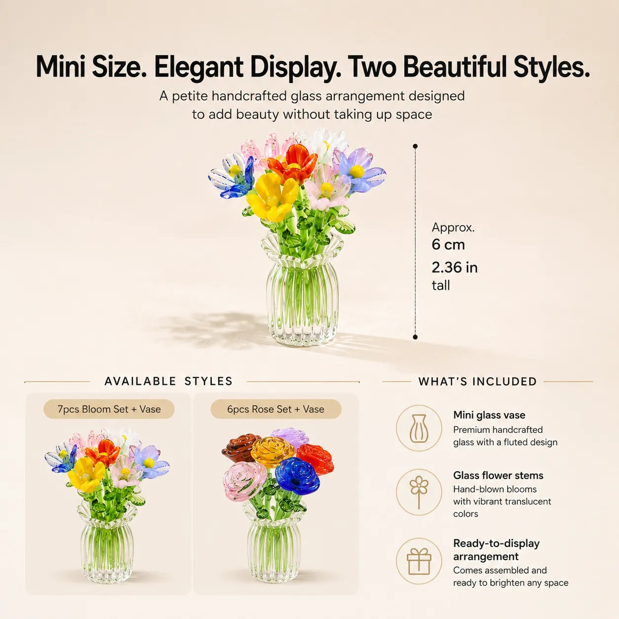 🌹 Miniature Glass Flower Set – Elegant Handcrafted Eternal Bloom Decor