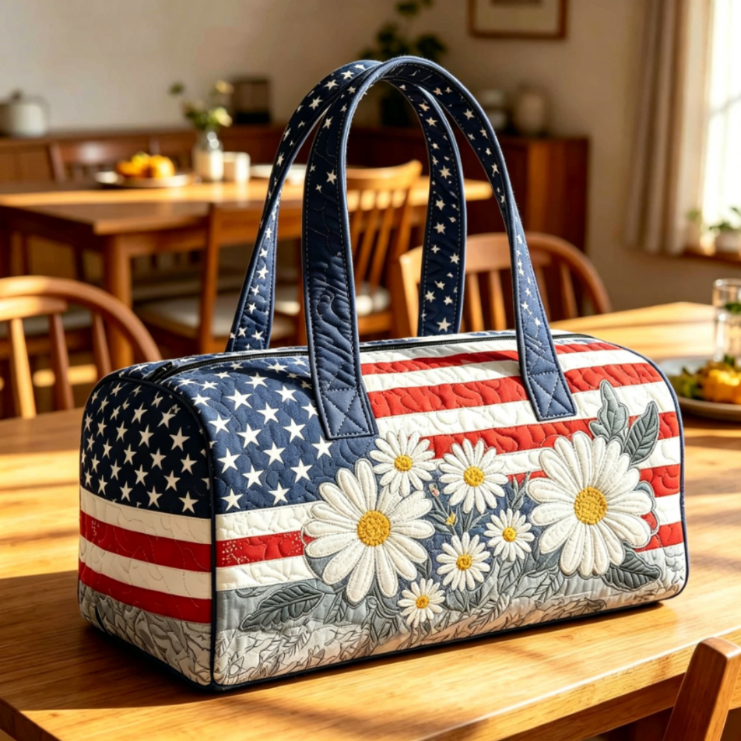 🦅👜Handcrafted American Flag Quilted Tote – 3D Floral Patriotic Shoulder Bag🌸
