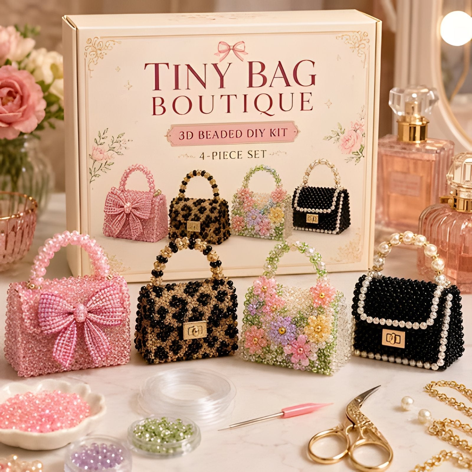 Tiny Bag Boutique beaded DIY kit with four miniature handbag charms