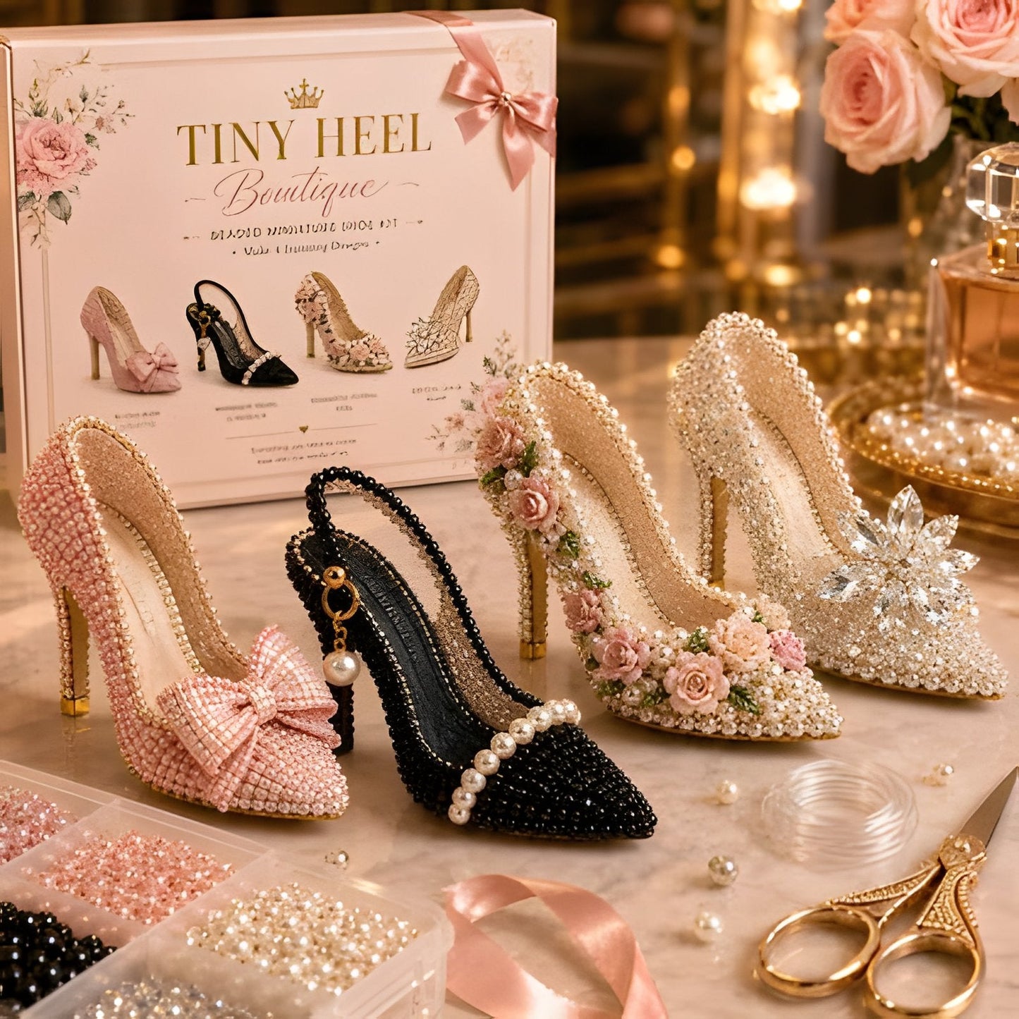 Tiny Heel Boutique beaded DIY kit with four miniature high heel charms