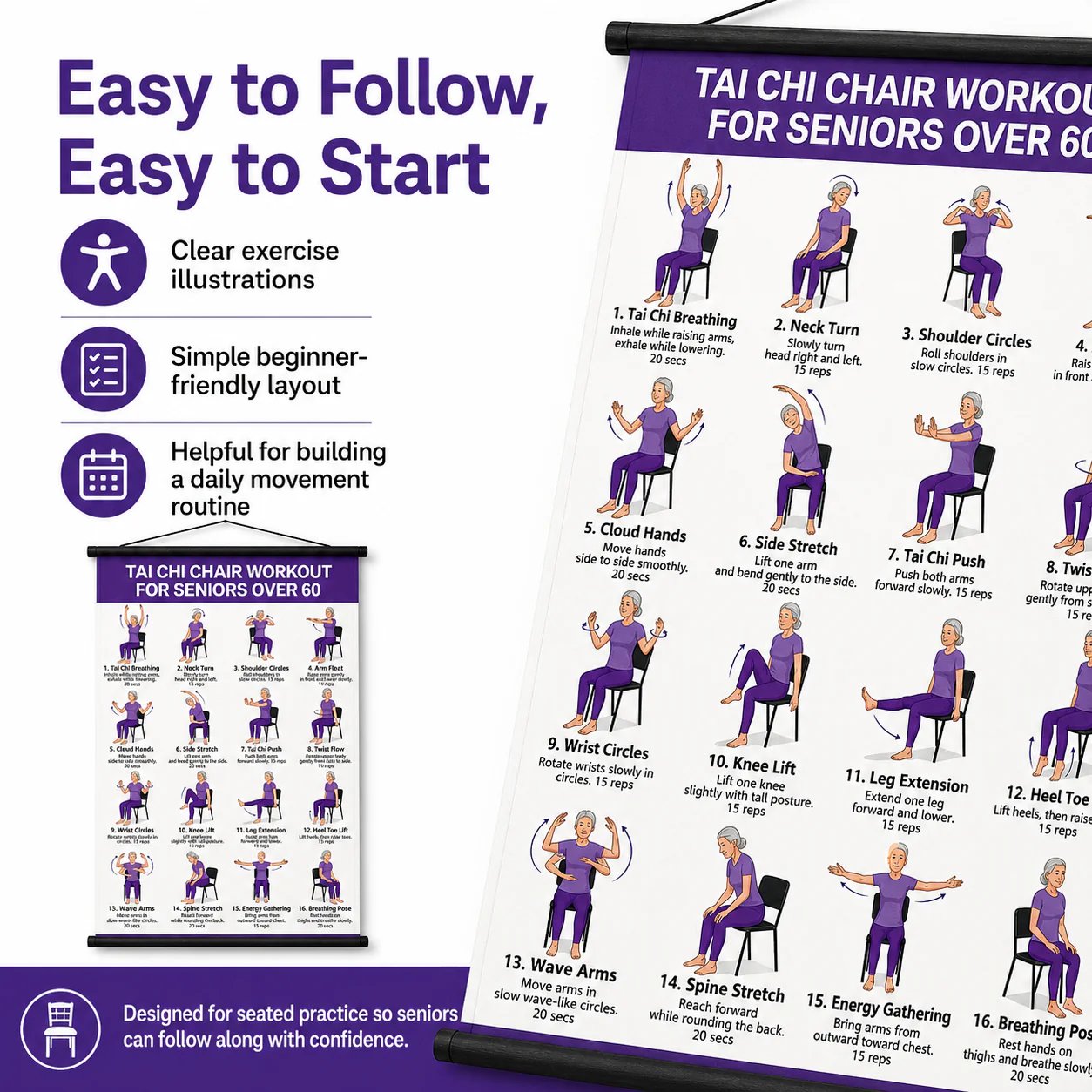 🔥 Healthy Aging Essential🧘Tai Chi Chair Workout Chart for Seniors