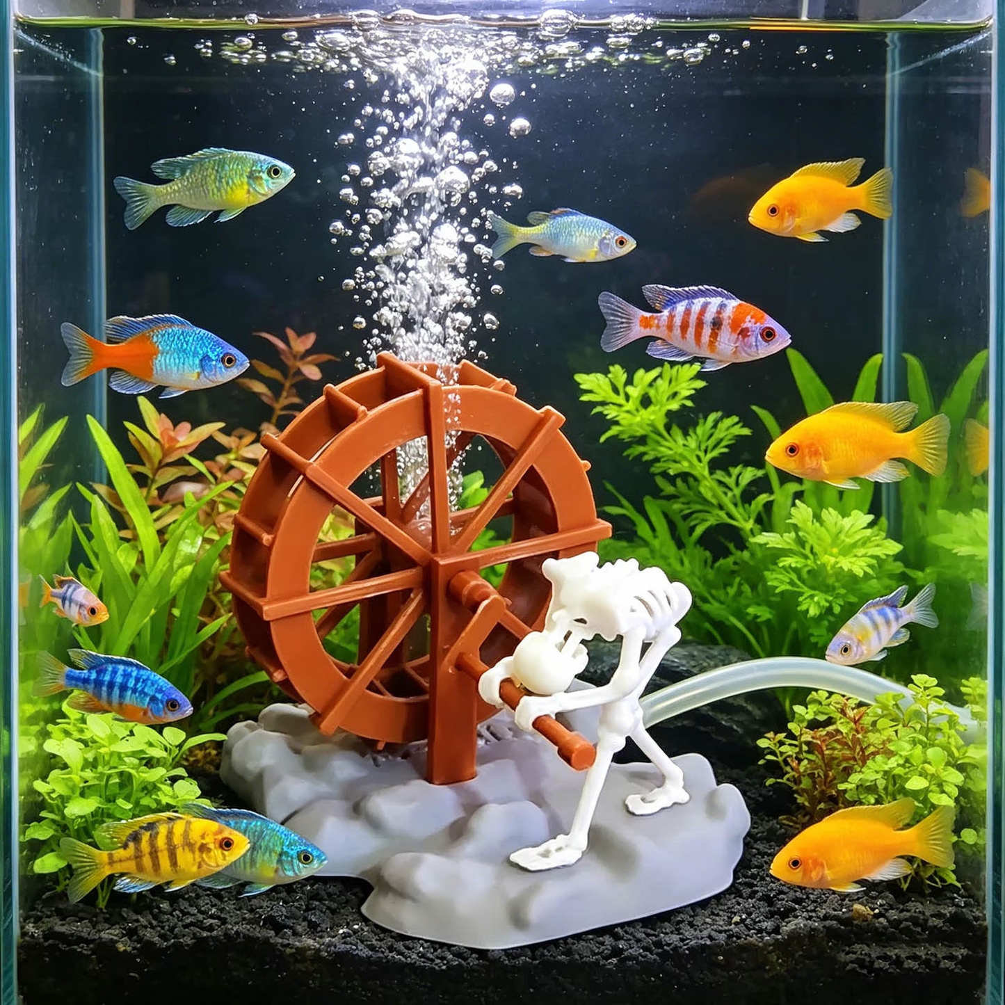 🐟✨Skeleton Aquarium Bubbler Moving Water Wheel Tank Ornament For Home Fish Tank Decor