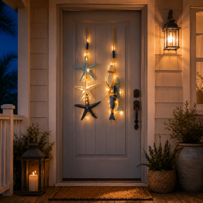 🐠✨23.2 in × 6.7 in Lighted Coastal Wooden Starfish & Fish Hanging Decor