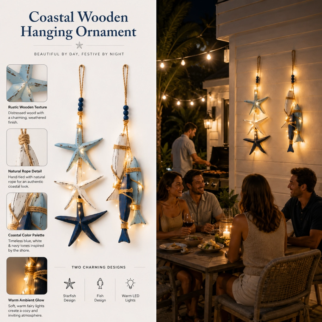 🐠✨23.2 in × 6.7 in Lighted Coastal Wooden Starfish & Fish Hanging Decor