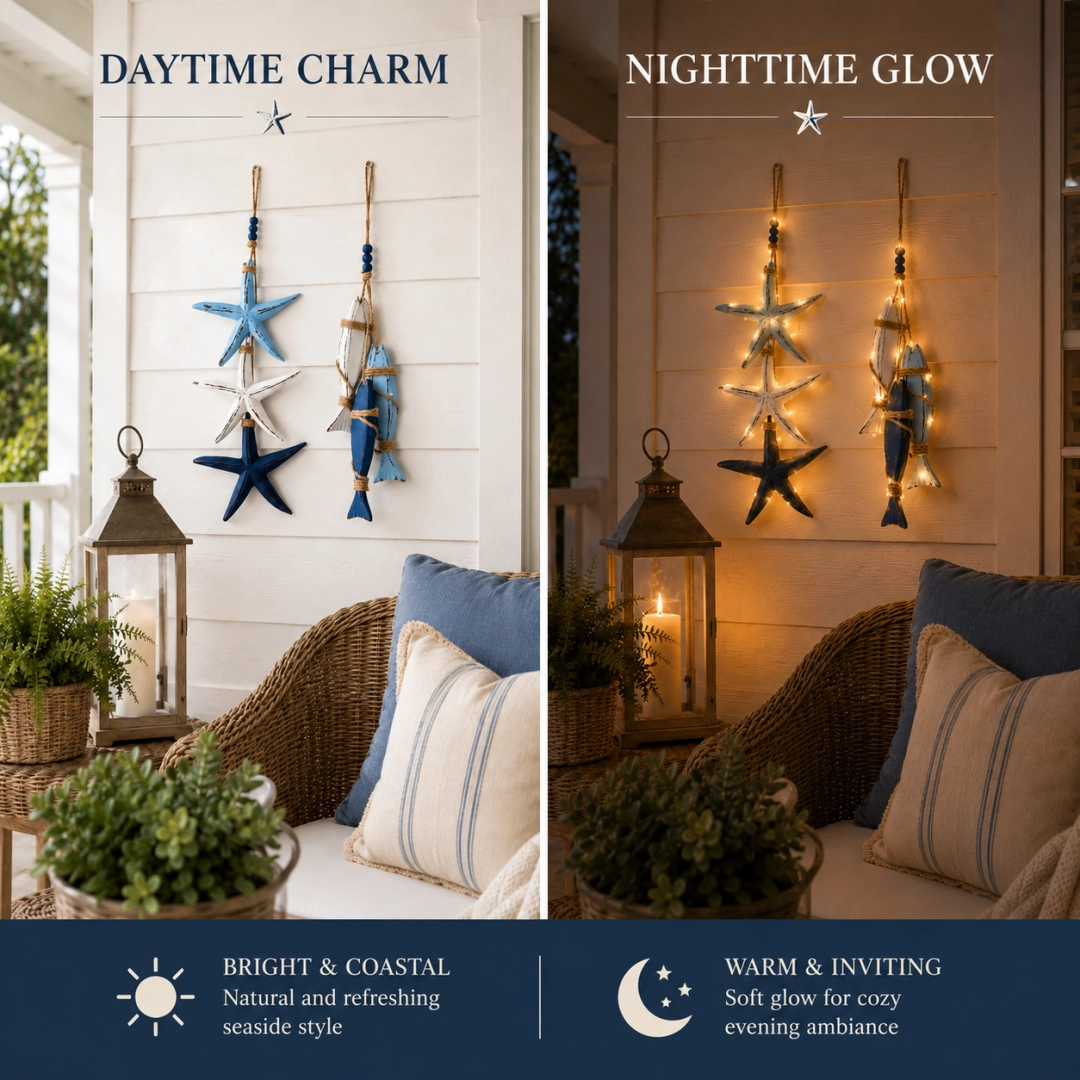 🐠✨23.2 in × 6.7 in Lighted Coastal Wooden Starfish & Fish Hanging Decor