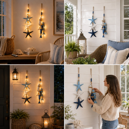 🐠✨23.2 in × 6.7 in Lighted Coastal Wooden Starfish & Fish Hanging Decor