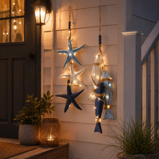 🐠✨23.2 in × 6.7 in Lighted Coastal Wooden Starfish & Fish Hanging Decor