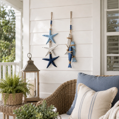 🐠✨23.2 in × 6.7 in Lighted Coastal Wooden Starfish & Fish Hanging Decor