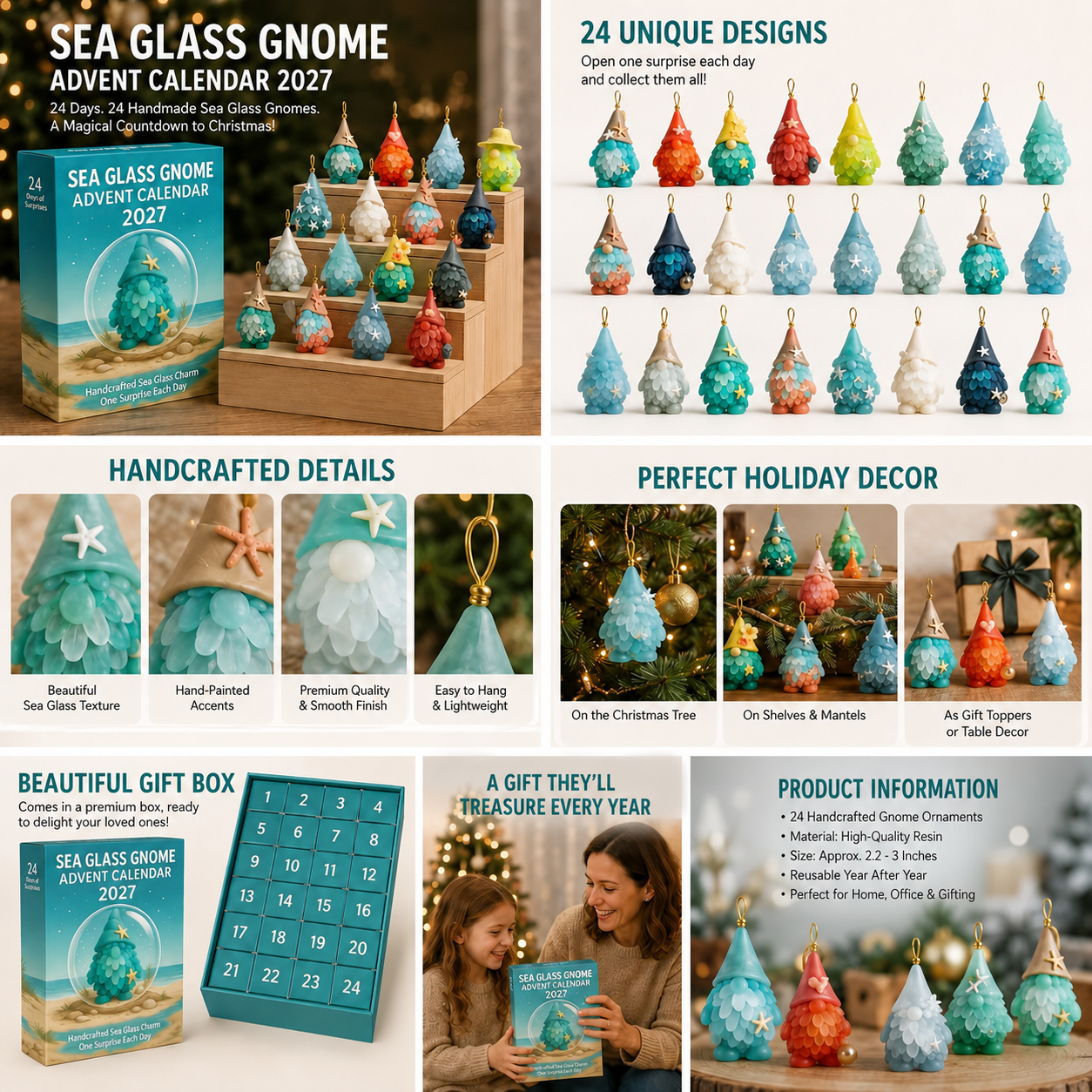 🌊🧝‍♂️ Gnome Advent Calendar | 24 Coastal Gnome Charms for Christmas Countdown, Tree Decor & Holiday Gifts 🎄✨