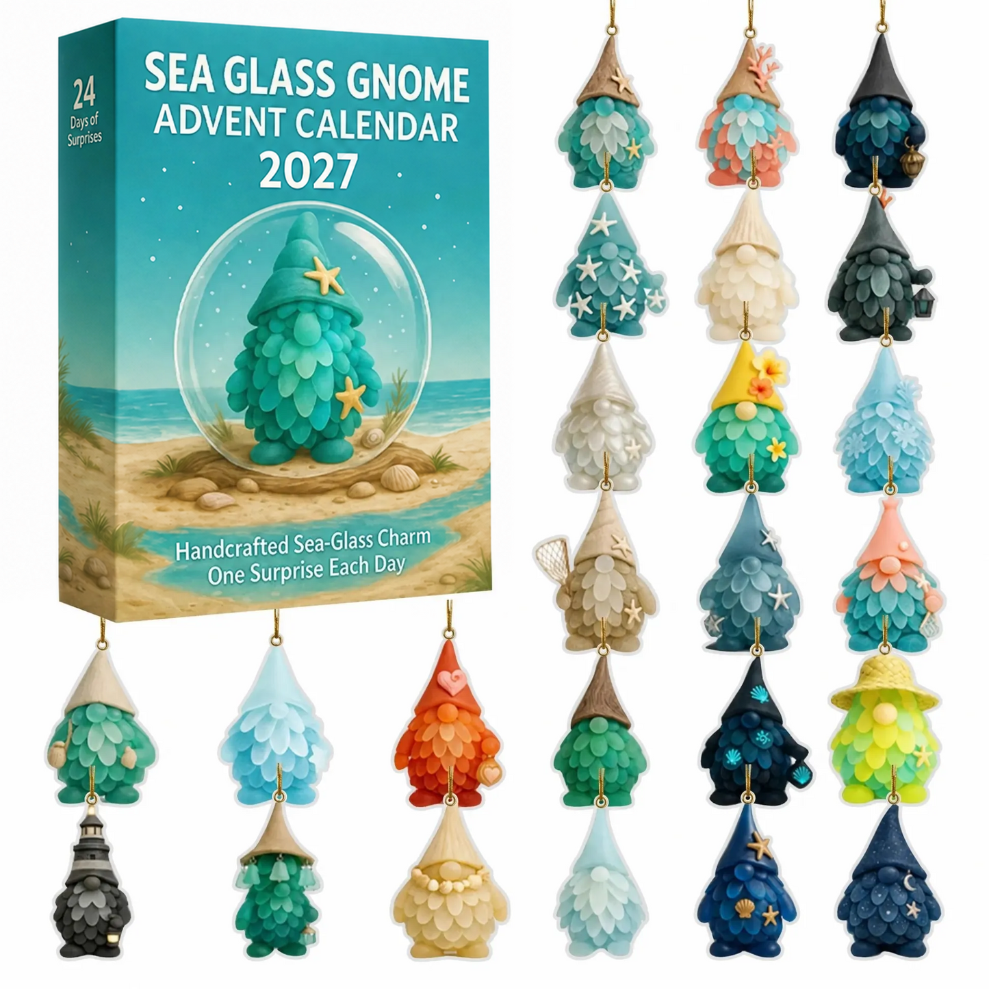 🌊🧝‍♂️ Gnome Advent Calendar | 24 Coastal Gnome Charms for Christmas Countdown, Tree Decor & Holiday Gifts 🎄✨