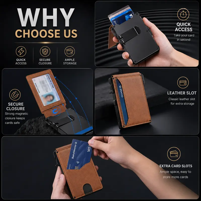⚡70K+ SOLD!-Wallet for Men - with Pop Up Aluminum Case Money Clip Slim Leather Slots Credit Card Holder RFID Blocking Bifold Minimalist Wallet
