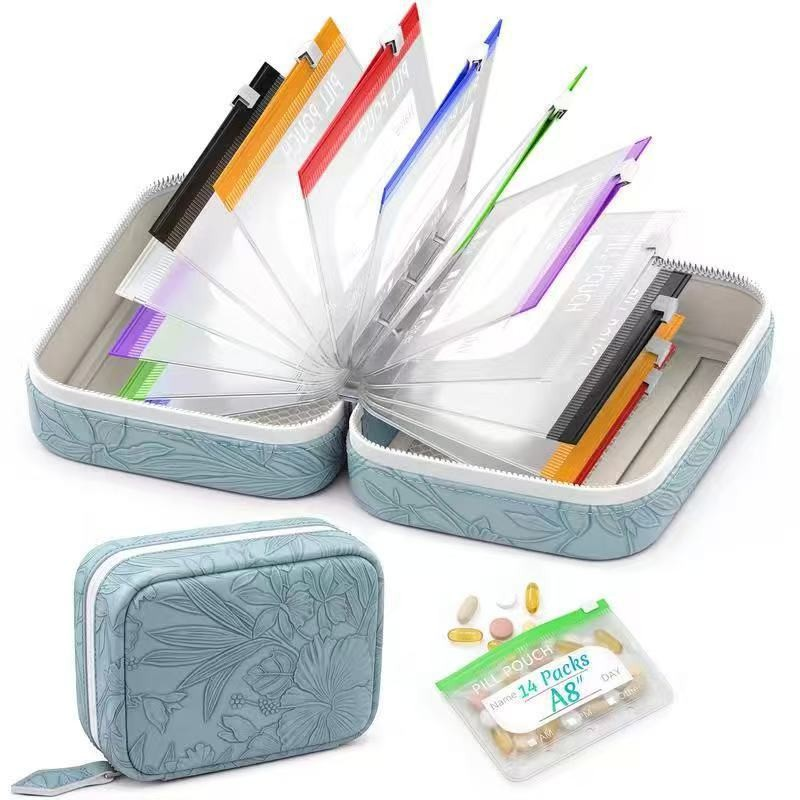 💊A8 Waterproof 14-Pouch Weekly Pill Organizer, Color-Coded Travel Storage for Vitamins & Supplements