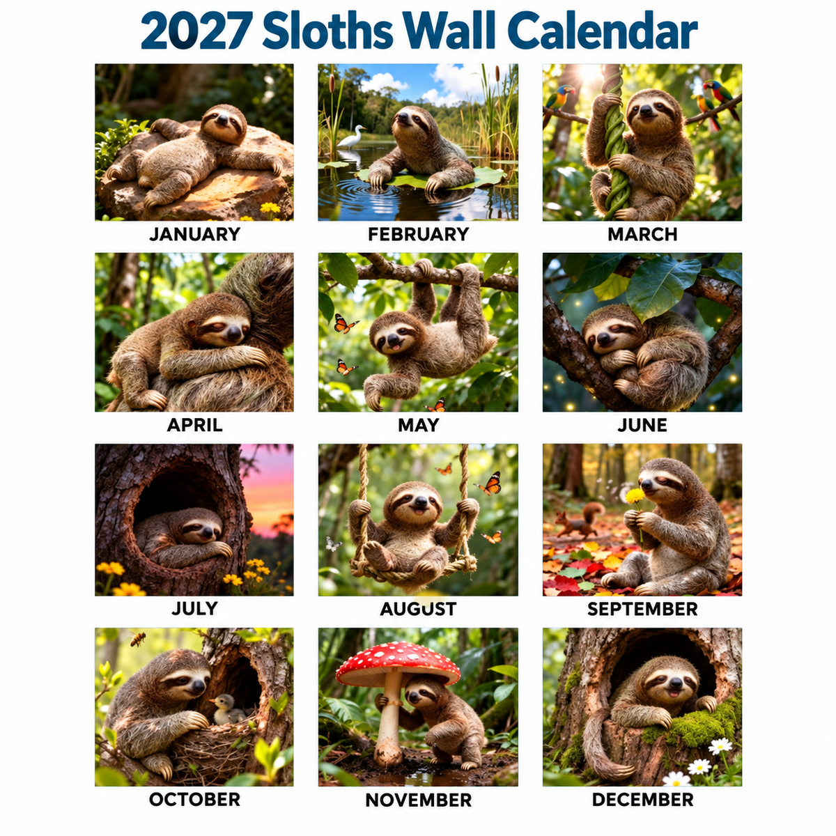 🦥2027 Sloths Wall Calendar – 12 Months of Cute Sloths & Relaxing Nature Moments