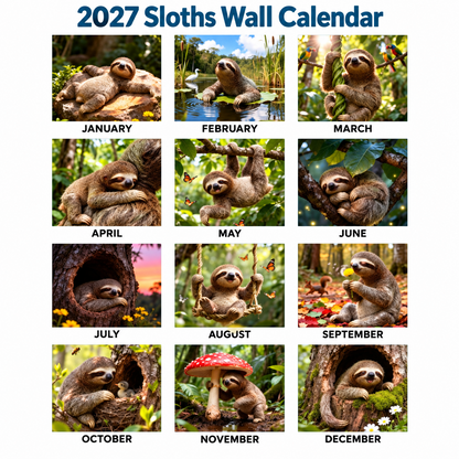 🦥2027 Sloths Wall Calendar – 12 Months of Cute Sloths & Relaxing Nature Moments
