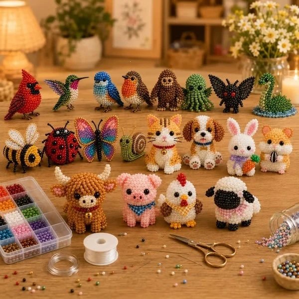 Full 3D beaded animal collection with birds, bugs, pets and farm animals plus beads and crafting tools