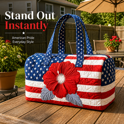 🦅👜Handcrafted American Flag Quilted Tote – 3D Floral Patriotic Shoulder Bag🌸