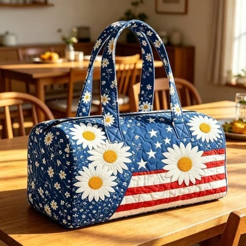 🦅👜Handcrafted American Flag Quilted Tote – 3D Floral Patriotic Shoulder Bag🌸
