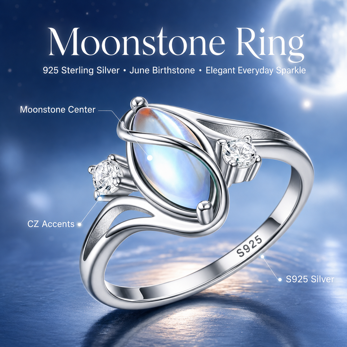 💍 Rainbow Moonstone Ring – 925 Sterling Silver • Timeless Elegance