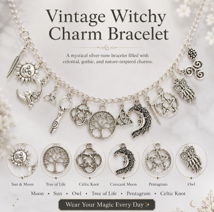 🖤 Mystic Moon Charm Bracelet✨ Vintage Witchy Jewelry for Every Occasion