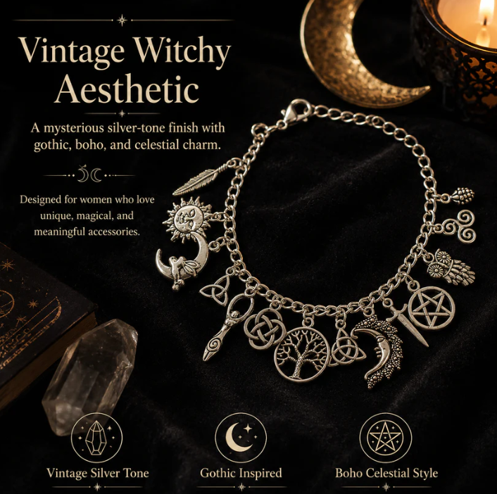 🖤 Mystic Moon Charm Bracelet✨ Vintage Witchy Jewelry for Every Occasion