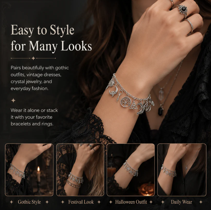 🖤 Mystic Moon Charm Bracelet✨ Vintage Witchy Jewelry for Every Occasion