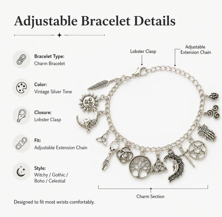 🖤 Mystic Moon Charm Bracelet✨ Vintage Witchy Jewelry for Every Occasion