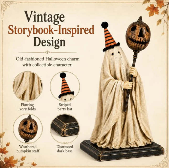 👻Best-Selling🎃 Vintage Ghost Statue with LED Pumpkin Staff — Spooky Yet Charming