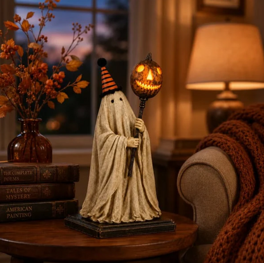 👻Best-Selling🎃 Vintage Ghost Statue with LED Pumpkin Staff — Spooky Yet Charming
