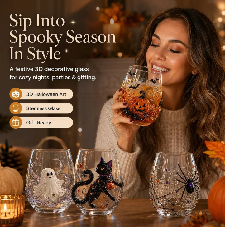 🔥 LAST DAY 40% OFF 🎃 3D Halloween Artisan Glass Cups, Festive Parties & Cozy Fall Home Bar Vibes