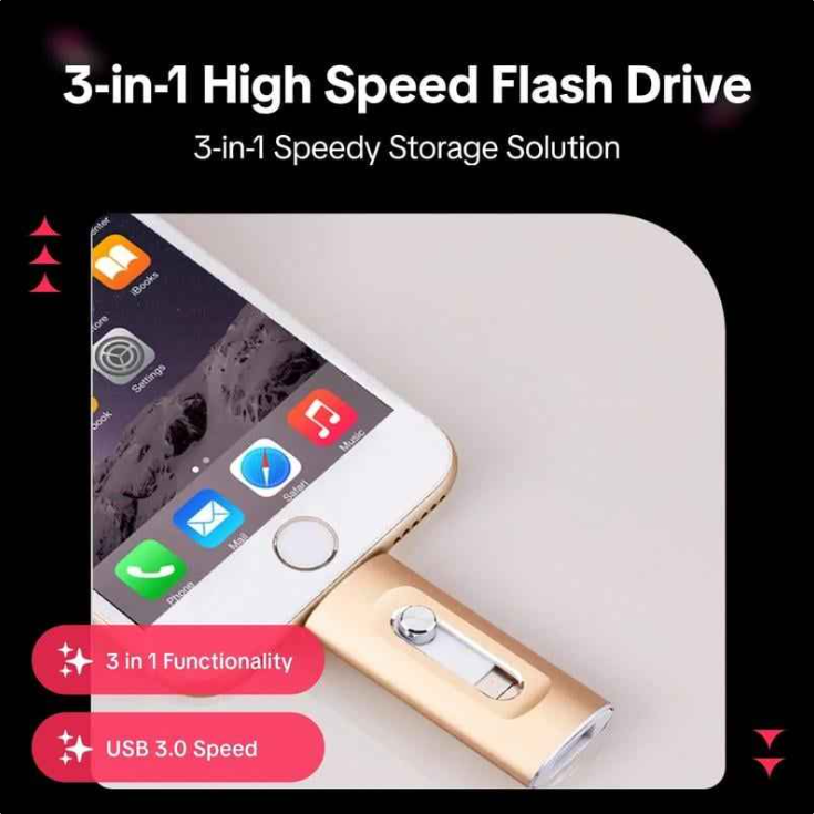 ⚡ Easy To Take ⚡ Portable USB 3.0 Flash Drive | 3-in-1 Storage for All Devices