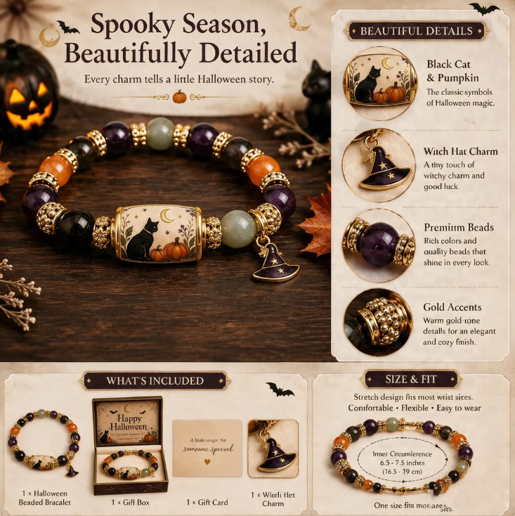 🎃🐱 Halloween Sale 50% OFF 🔥 Black Cat Pumpkin Beaded Bracelet Gift Set