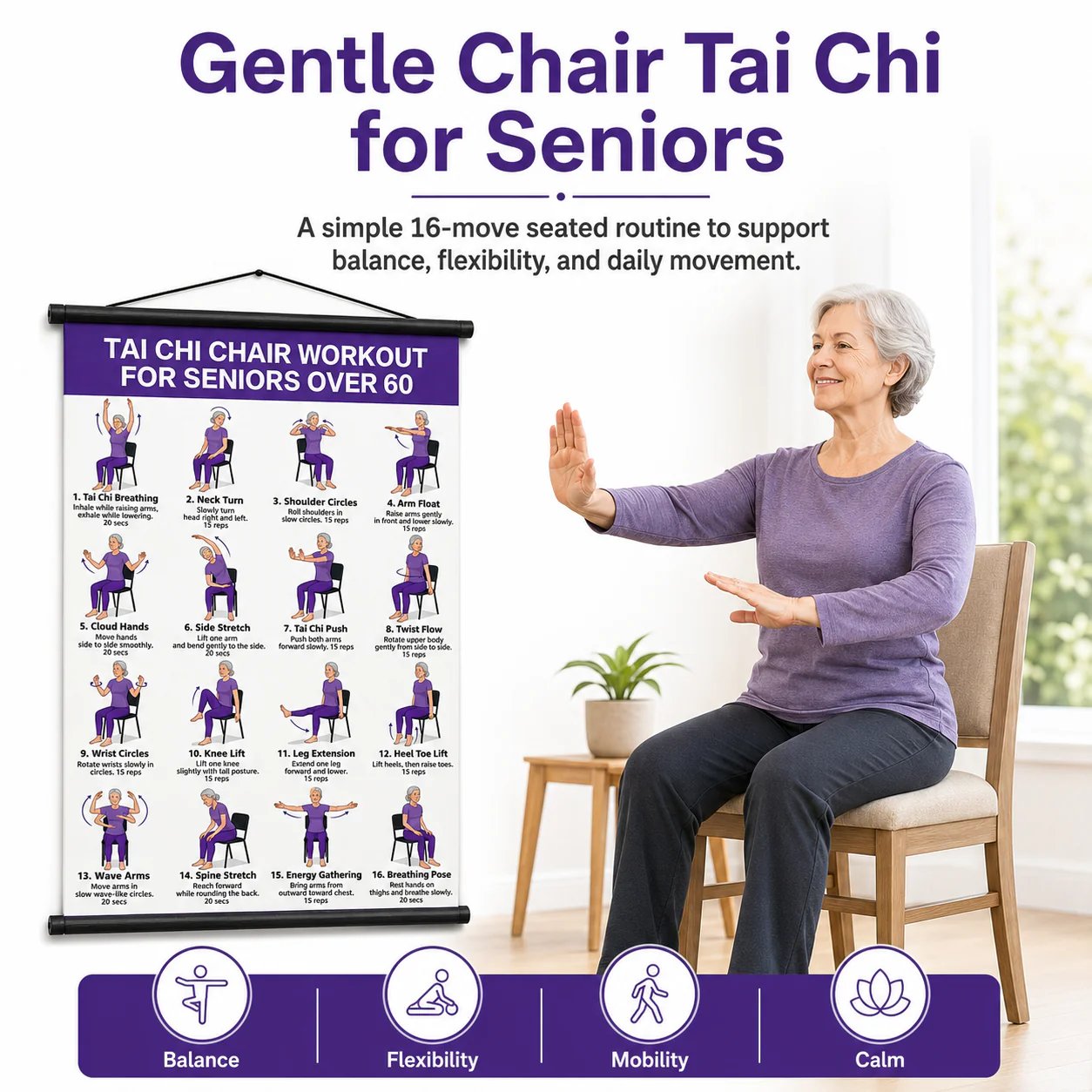 🔥 Healthy Aging Essential🧘Tai Chi Chair Workout Chart for Seniors