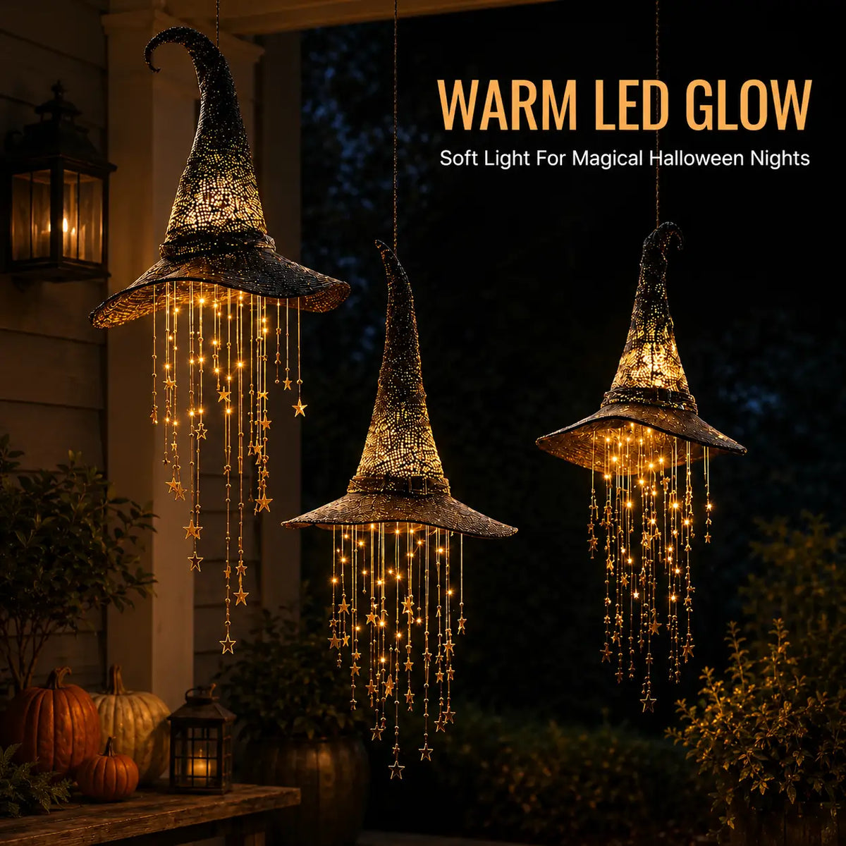 🎩Lighted witch Hat Hanging Decor with Cascading Stars