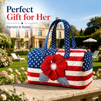 🦅👜Handcrafted American Flag Quilted Tote – 3D Floral Patriotic Shoulder Bag🌸