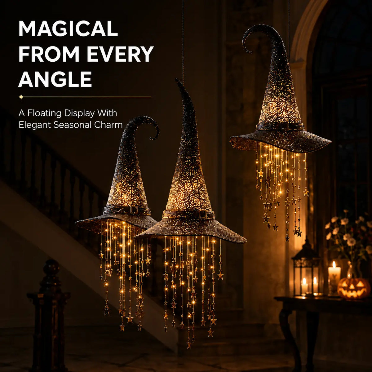 🎩Lighted witch Hat Hanging Decor with Cascading Stars