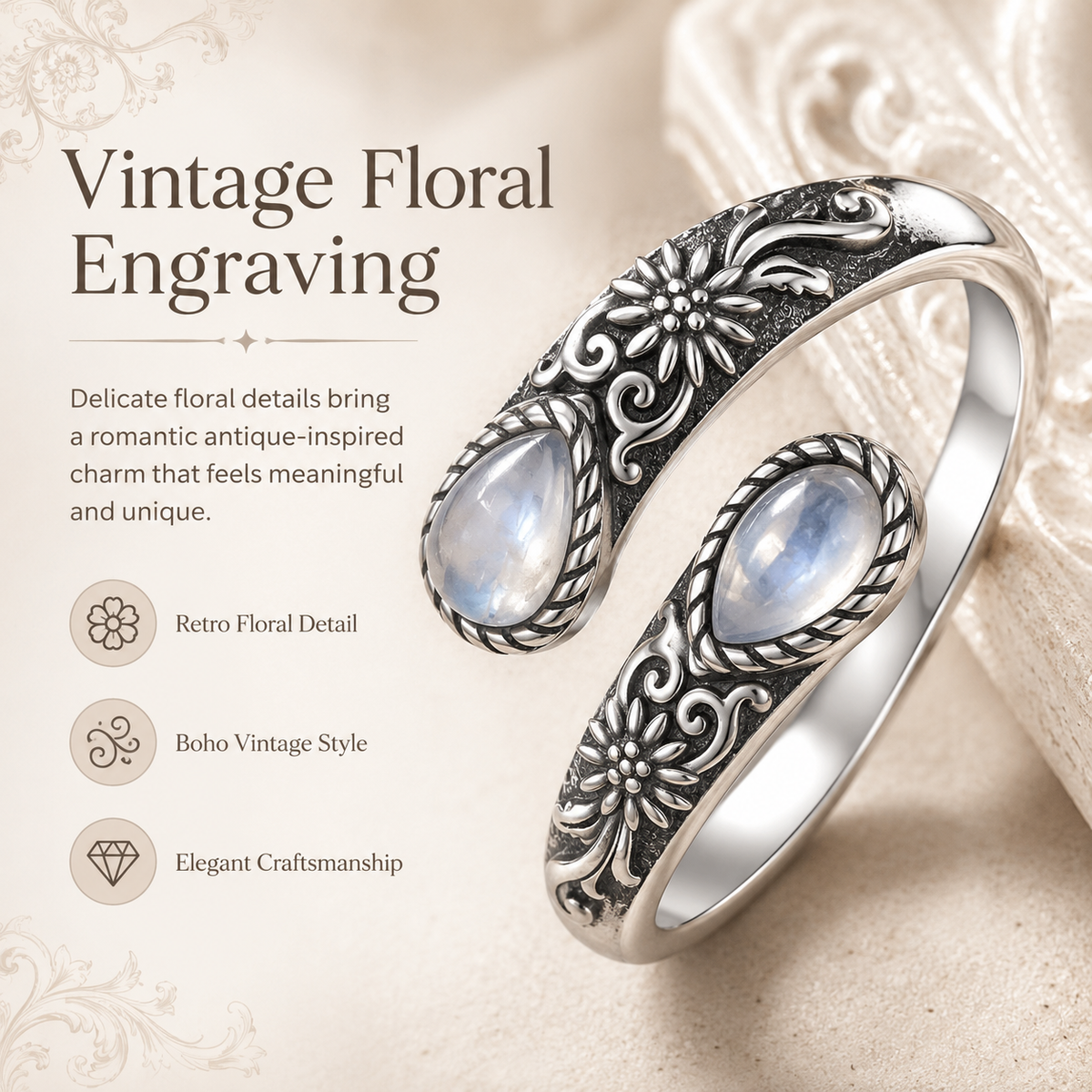 💎Vintage Moonstone Bloom Ring – Romantic Design • Adjustable Size • Timeless Style