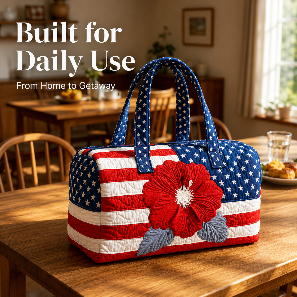 🦅👜Handcrafted American Flag Quilted Tote – 3D Floral Patriotic Shoulder Bag🌸