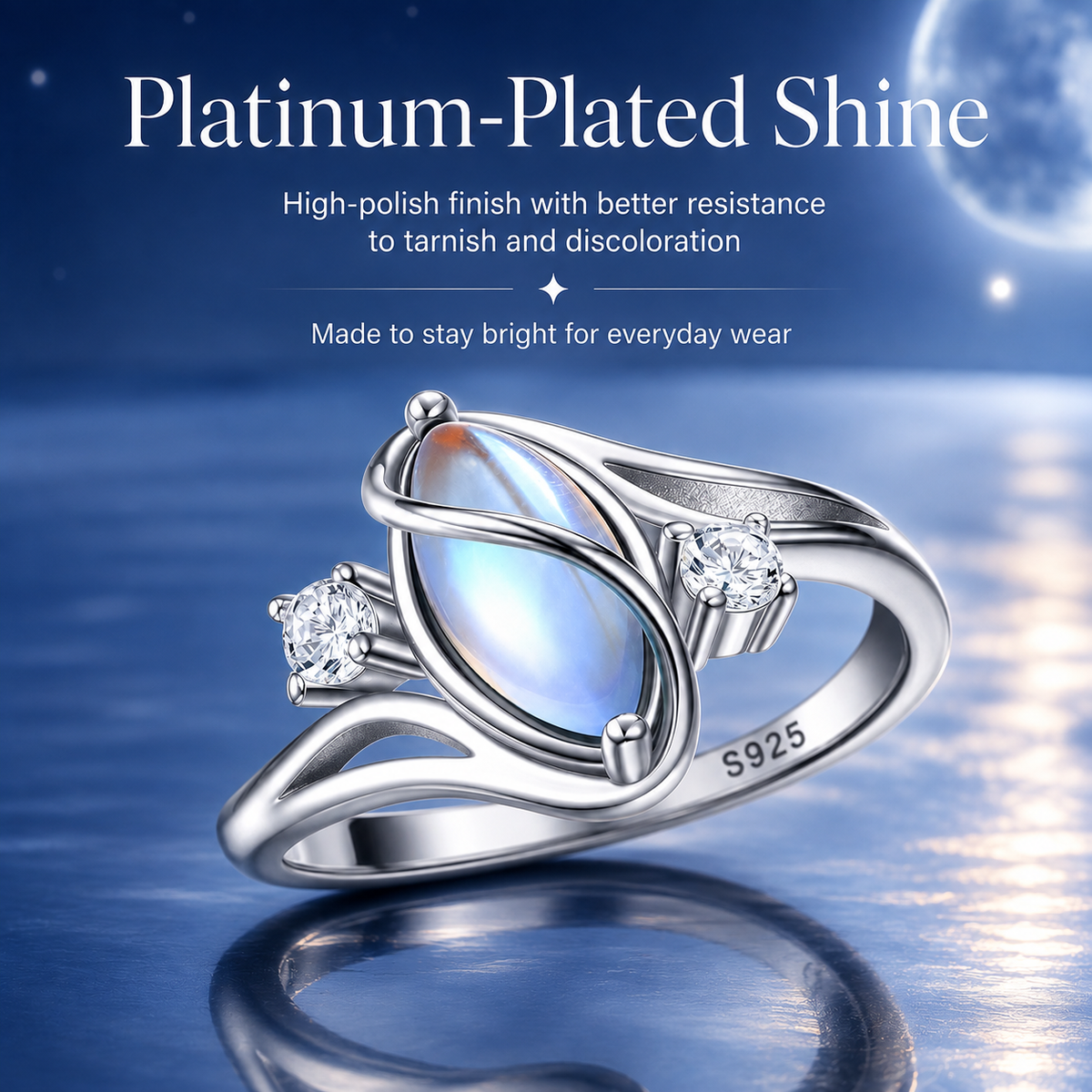 💍 Rainbow Moonstone Ring – 925 Sterling Silver • Timeless Elegance