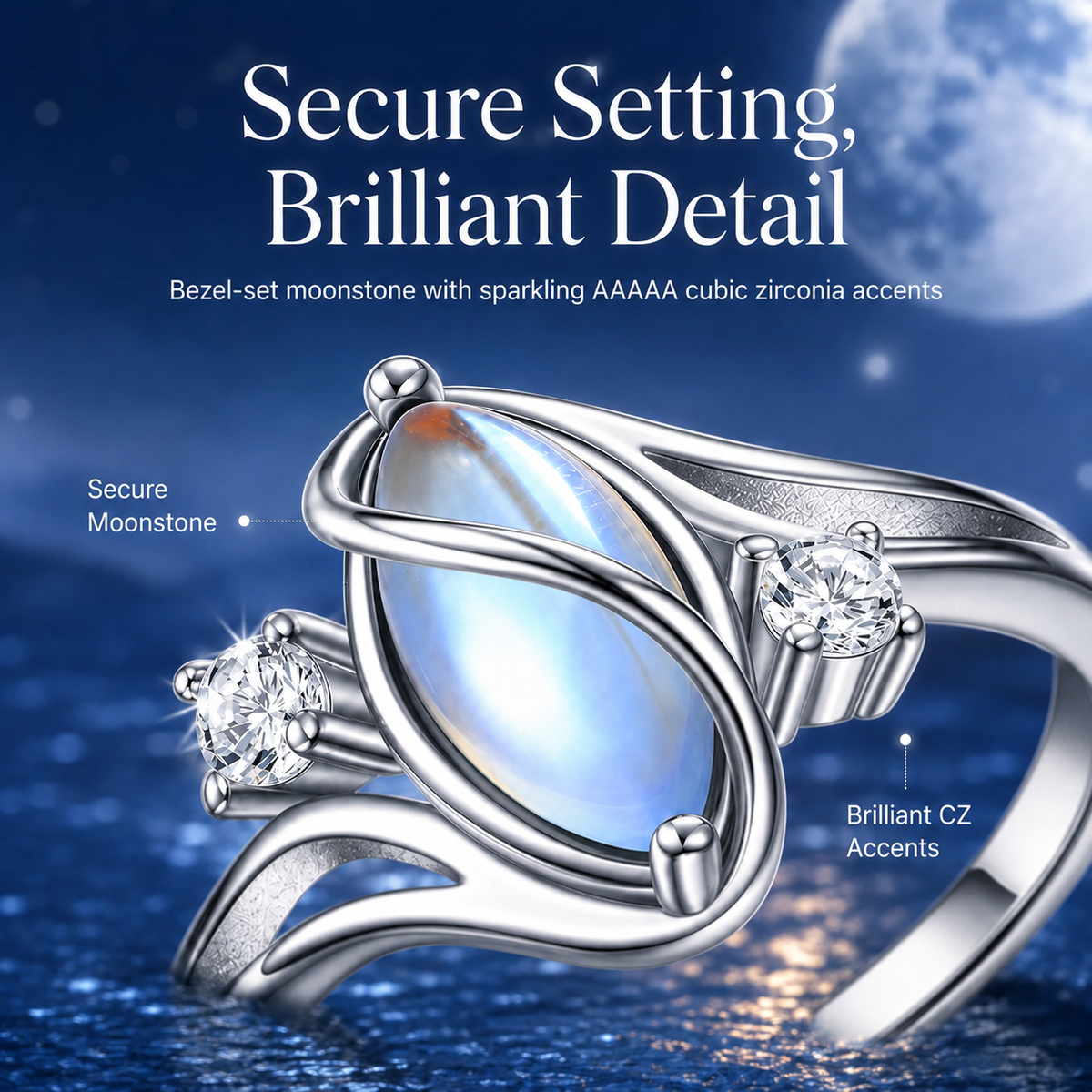 💍 Rainbow Moonstone Ring – 925 Sterling Silver • Timeless Elegance