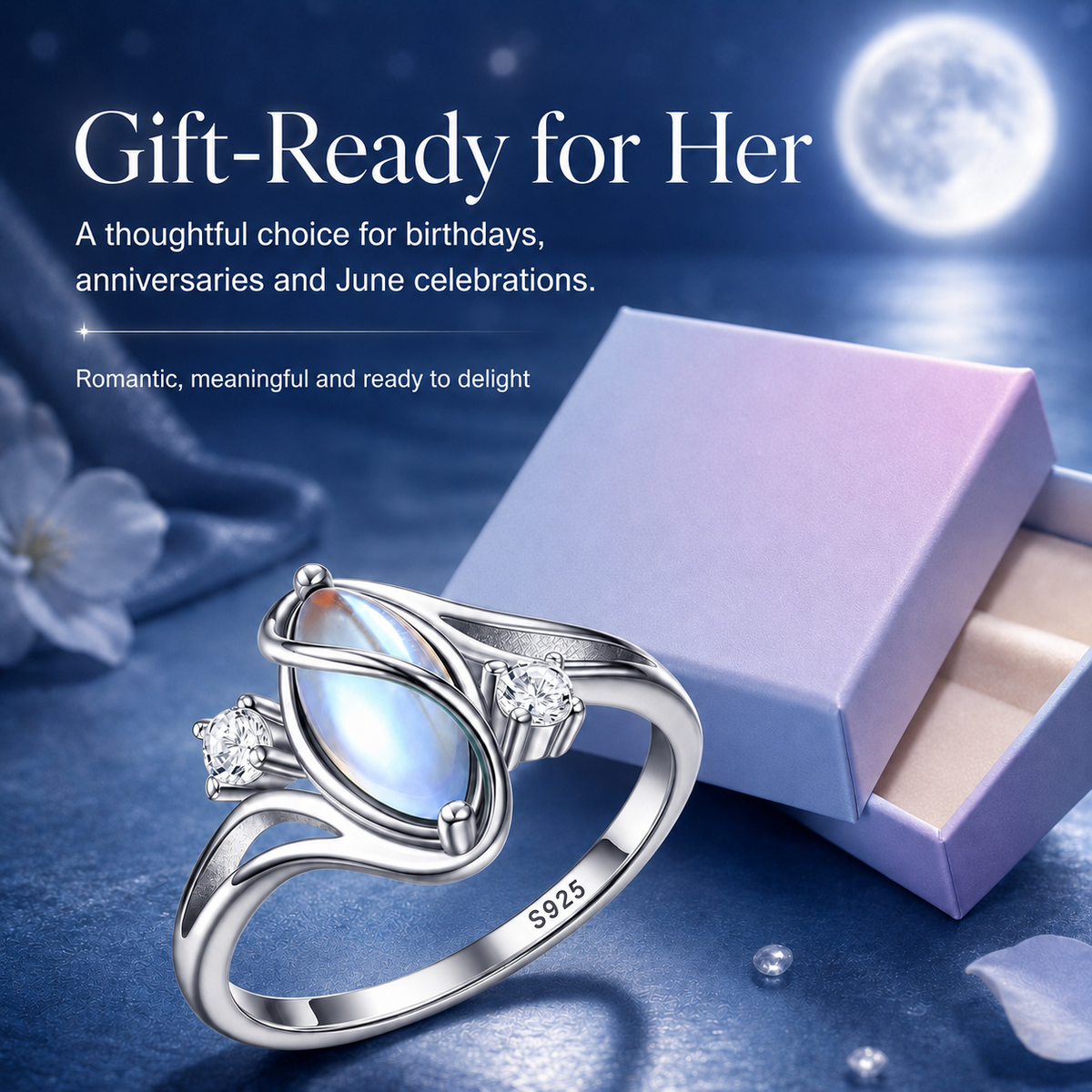 💍 Rainbow Moonstone Ring – 925 Sterling Silver • Timeless Elegance
