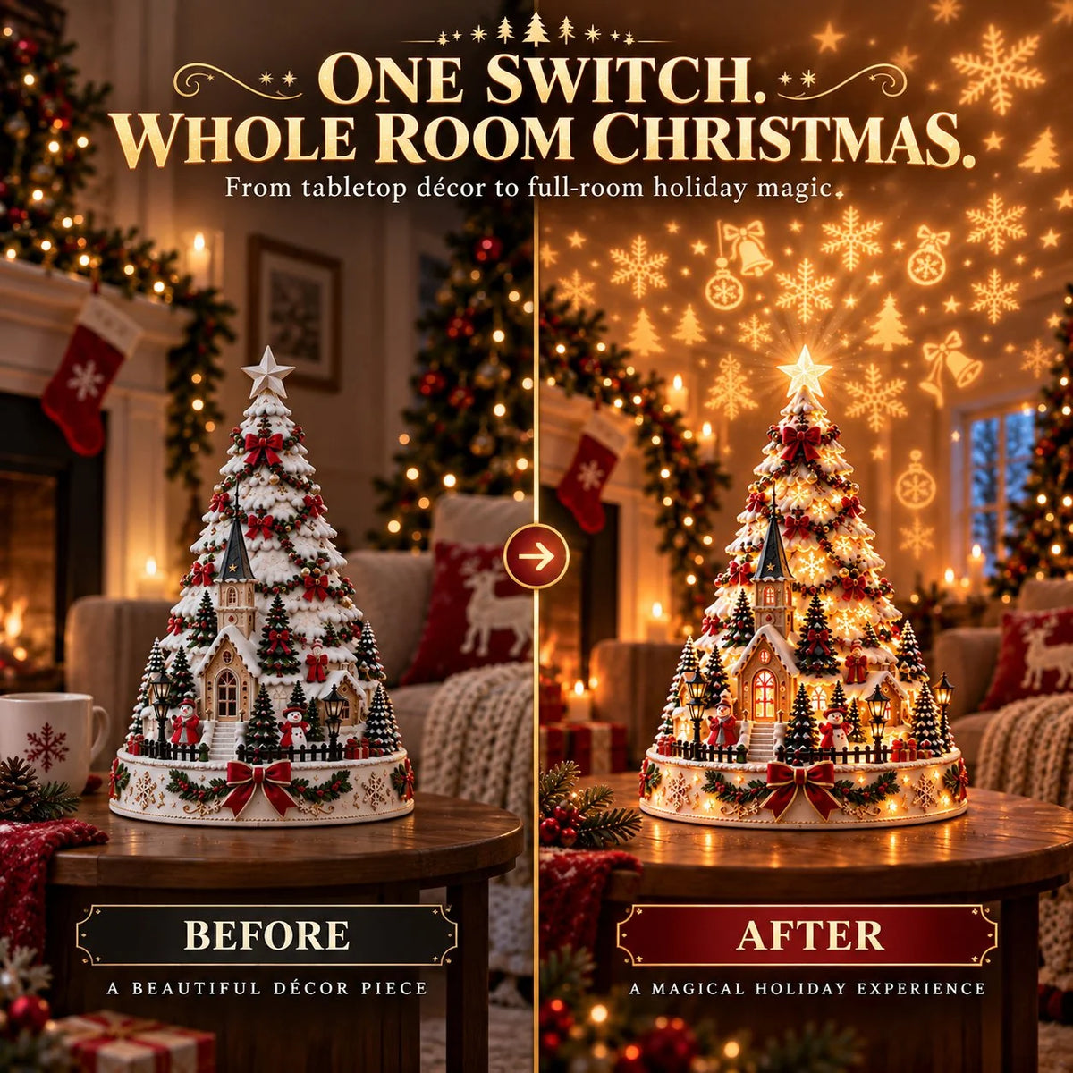 🏆 60,000+ Sold -🎄Christmas Village Projection Centerpiece – 4 Themed Villages