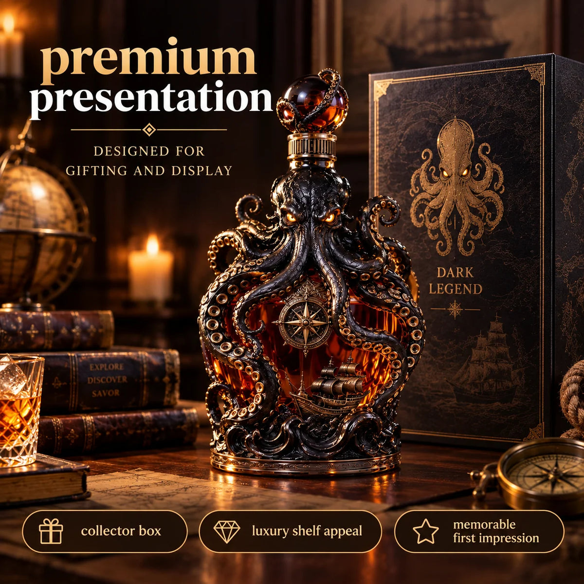 🐙kraken Voyage Octopus Whiskey Decanter | Gothic Nautical Bar Centerpiece