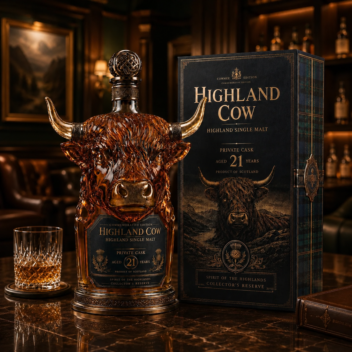 Highland Cow Private Cask 21 Years Cow Head Shaped Scotch Whisky Bottle