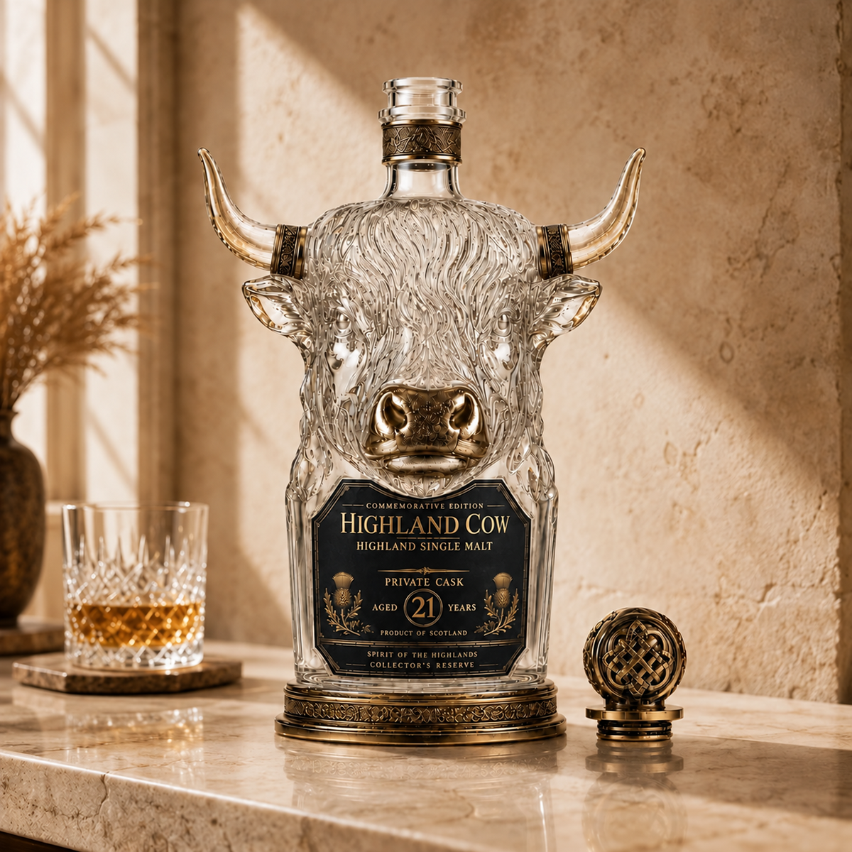 Highland Cow Private Cask 21 Years Cow Head Shaped Scotch Whisky Bottle